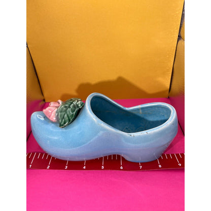 Vintage 1940's McCoy Ceramic Blue Dutch Clog Shoe with Pink Rose Planter Cracked