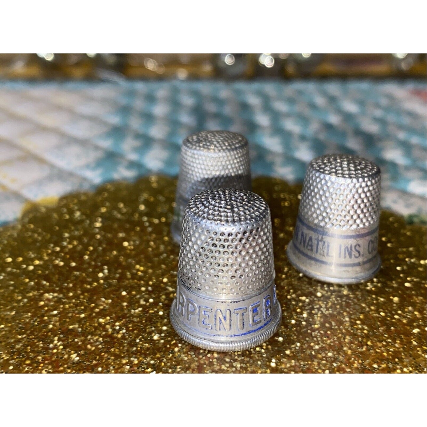 American Natl Lins JB Carpenter Metal Advertising Thimbles lot of 3