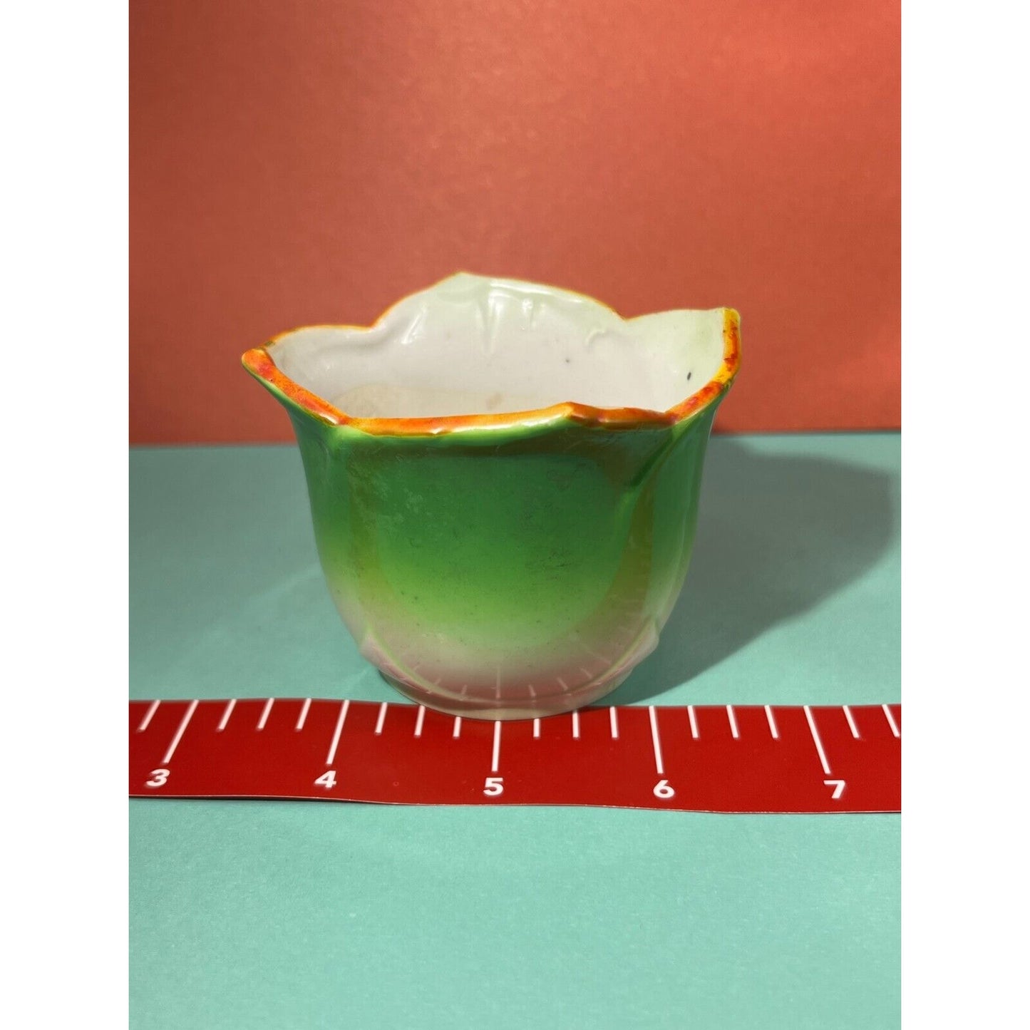 Green Petal Orange Accent 2.5" x 3" Tea Cup Window Planter Japan