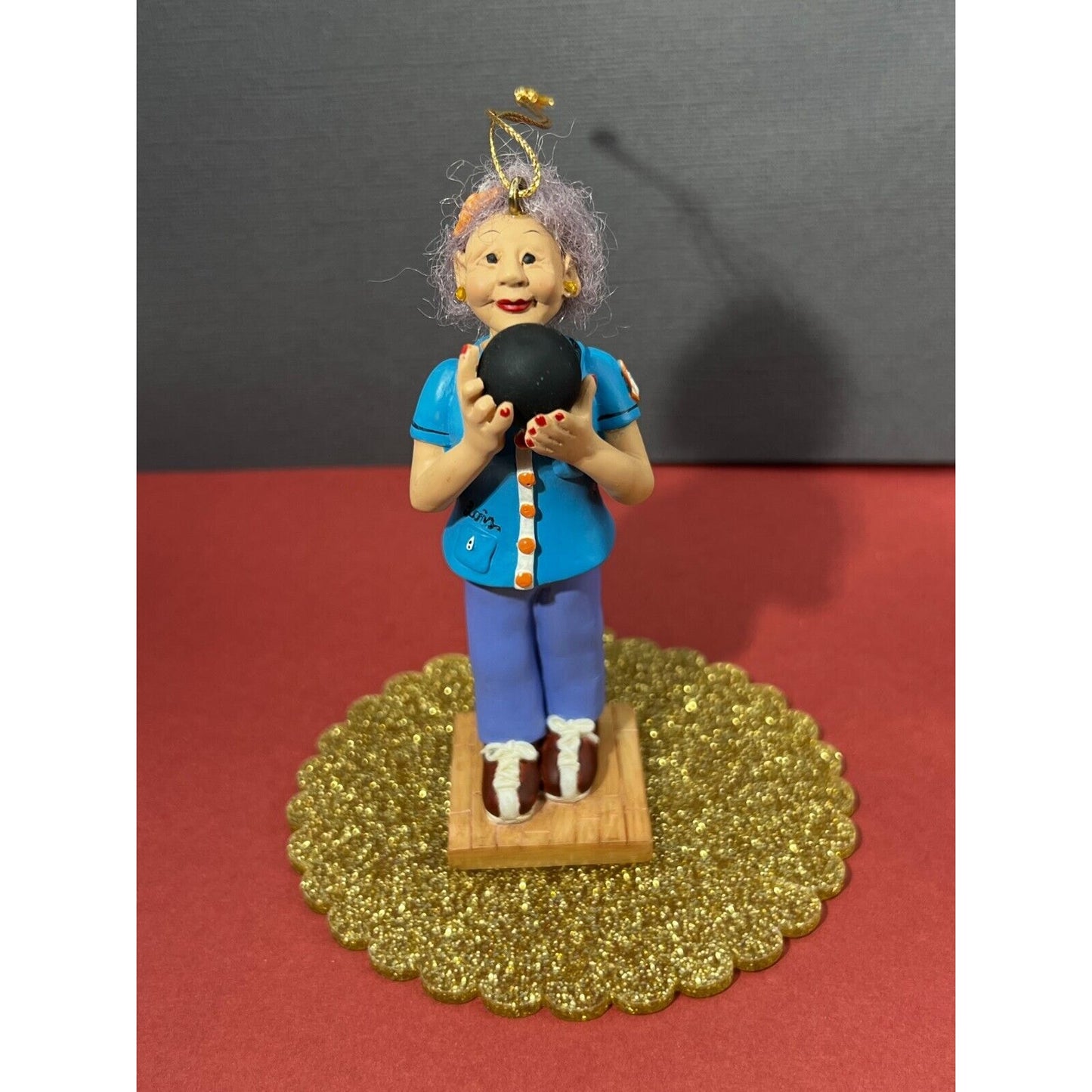 Handpainted Bowling Granny "Spare Me" Lois Hanging Figurine Ornament 4"