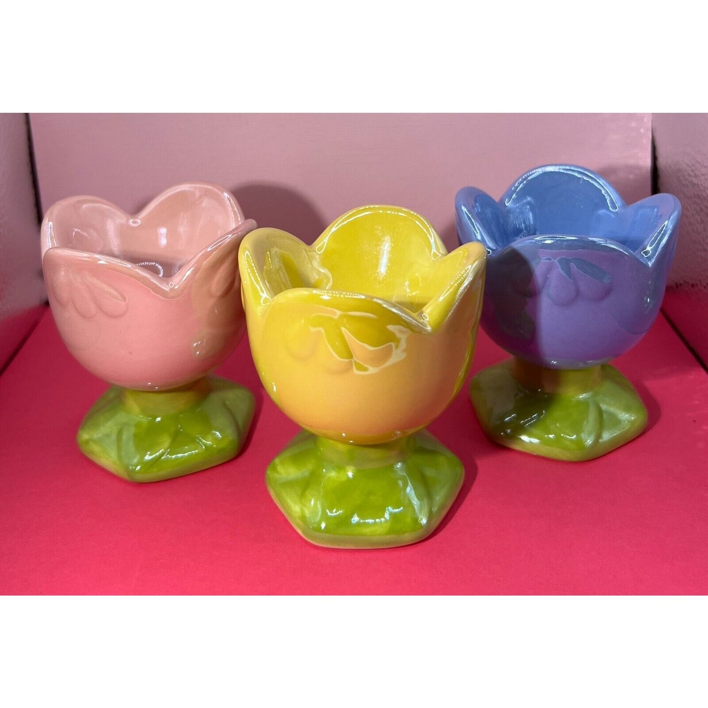 Tulip Egg Holders 3 piece lot Ceramic Pink Yellow Blue