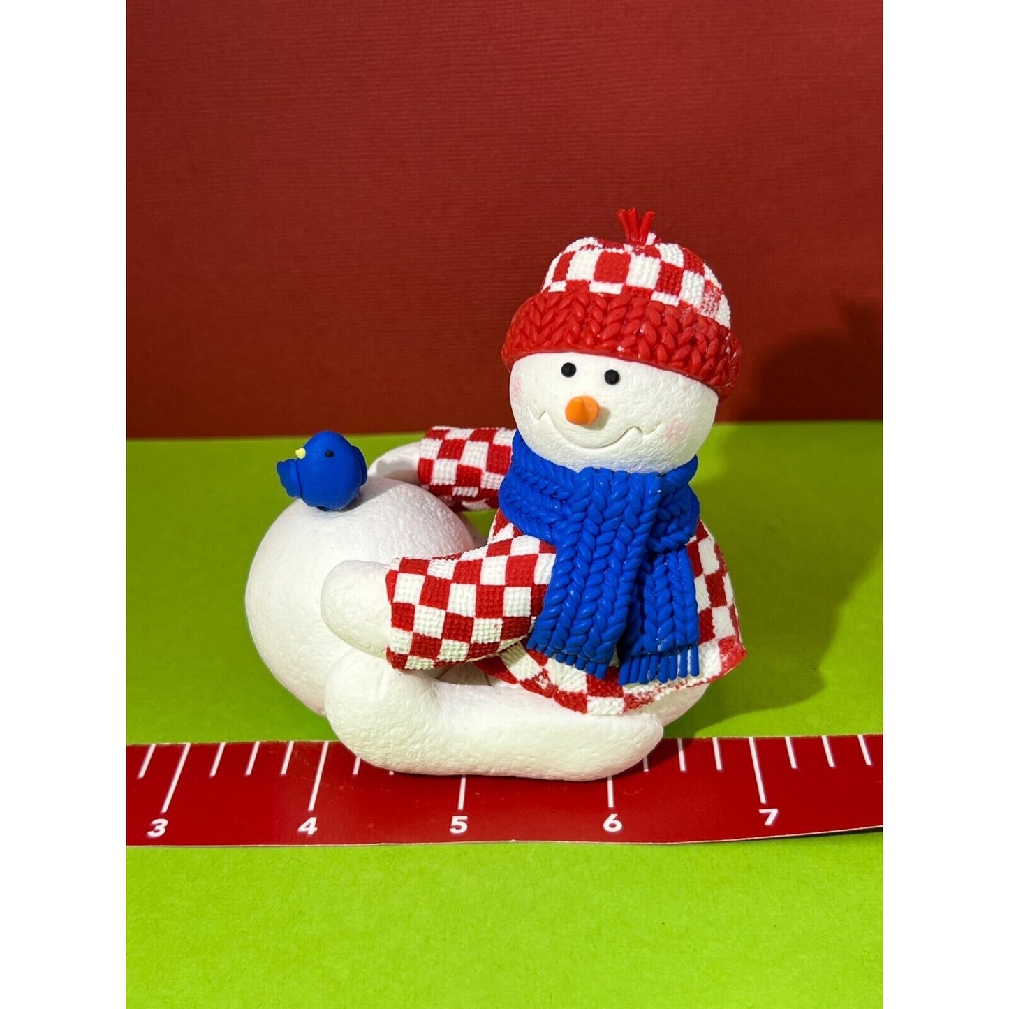 Snowman Winter Figurine with big Snowball and Bluebird Red & White Check Jacket