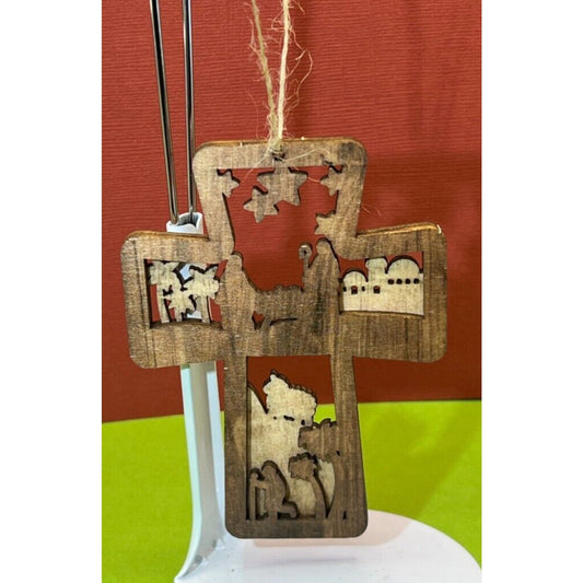 Wooden Nativity Christmas Hanging Cross Ornament AC1592