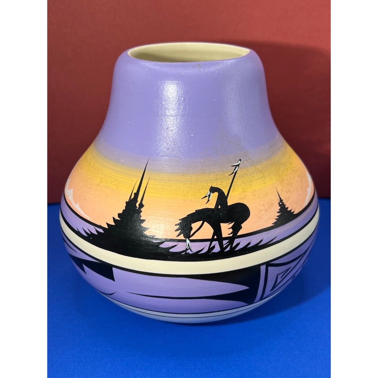 Southwest Sunset Navajo Vintage Pottery Purple Orange Signed by Artist Judy J.