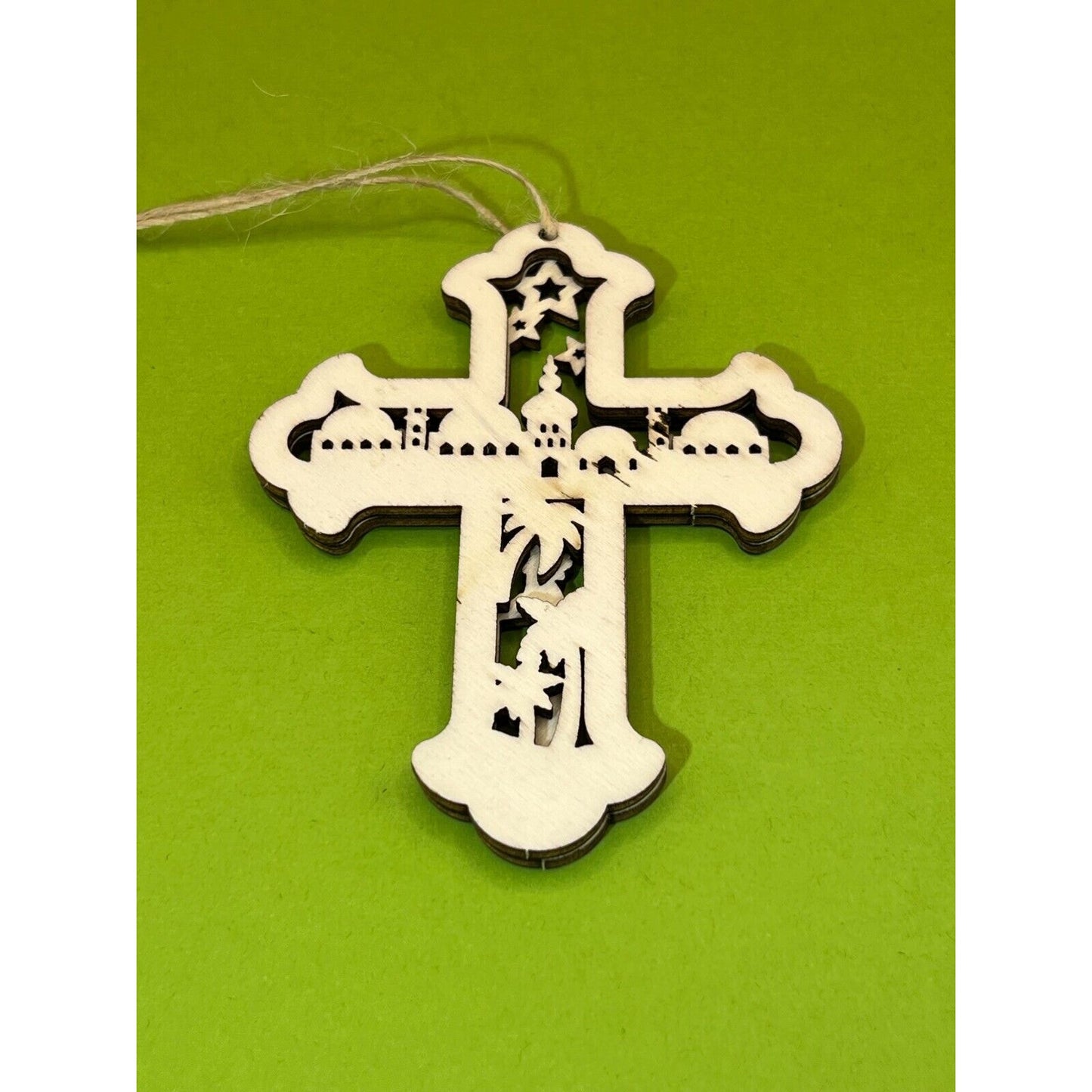 Wooden Nativity Christmas Hanging Cross Ornament AC1594