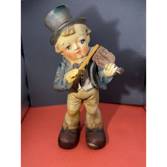 Poor Boy in Top Coat & Hat Playing Violin Porcelain 8" height