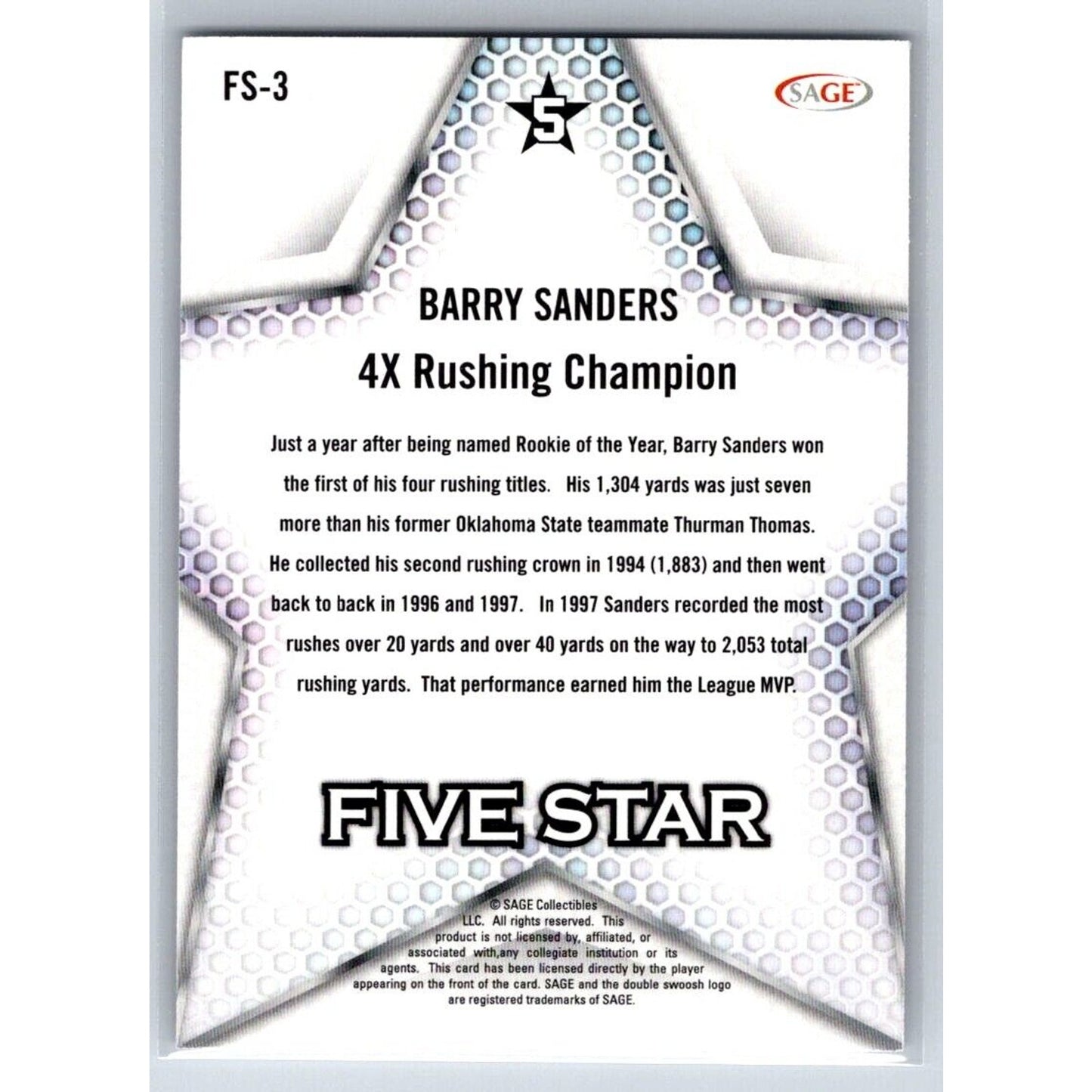 2024 Sage Low Series Football #FS-3 Barry Sanders Five Star Black