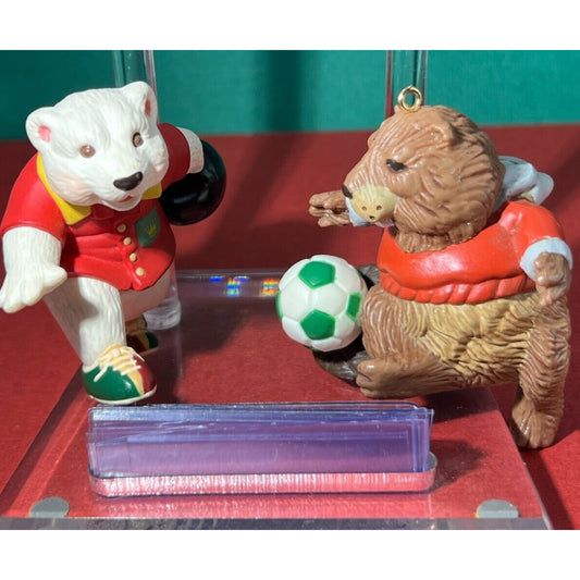 Hallmark Ornaments 1998 Polar Bear Bowling 1985 Beaver Soccer Lot of 2