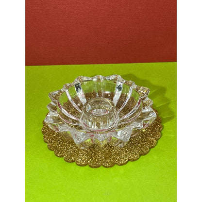 Clear Round Starburst Cut Glass Pillar Candle Holder (Candle not Included)