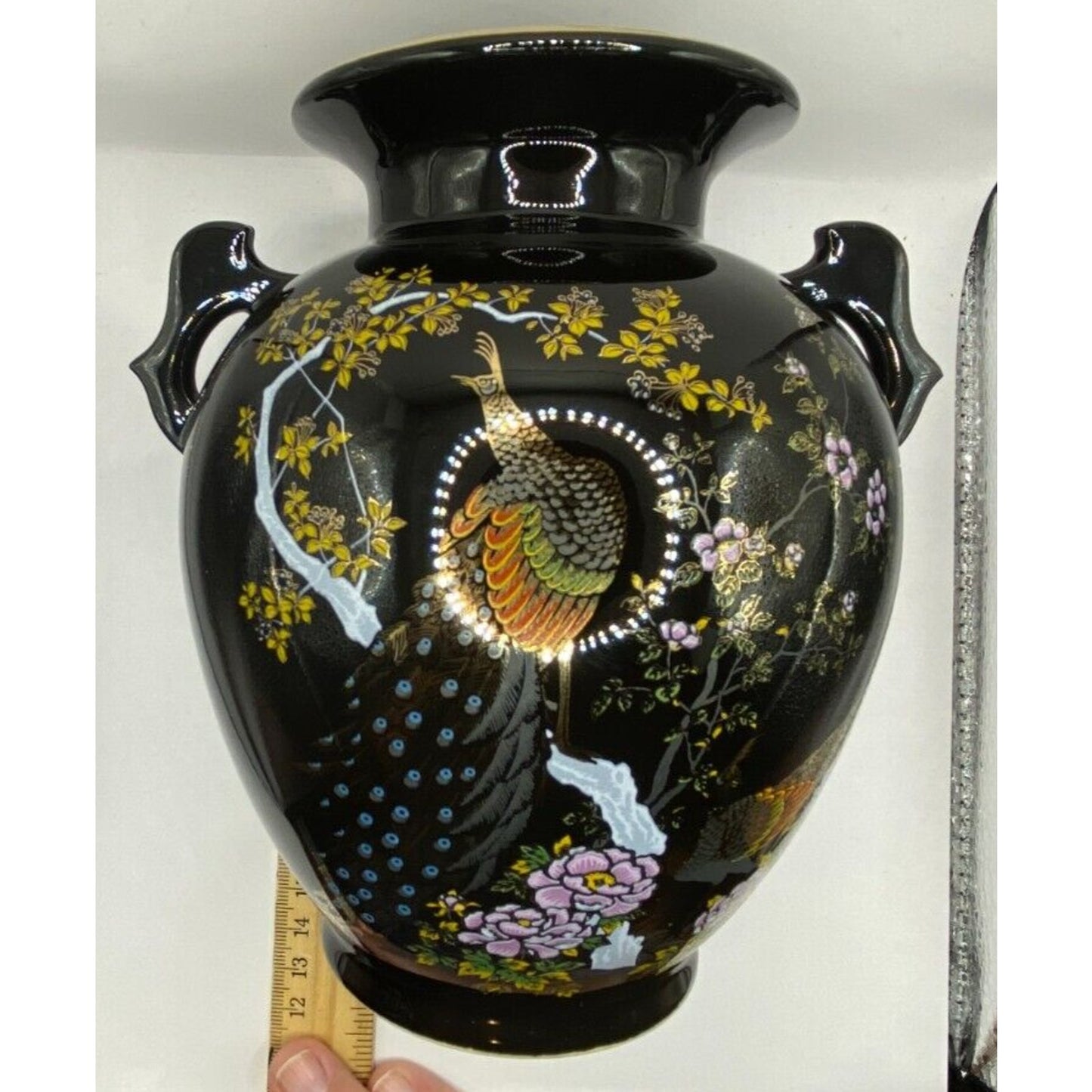 Black Oriental Porcelain Ceramic Vase with Birds Vintage