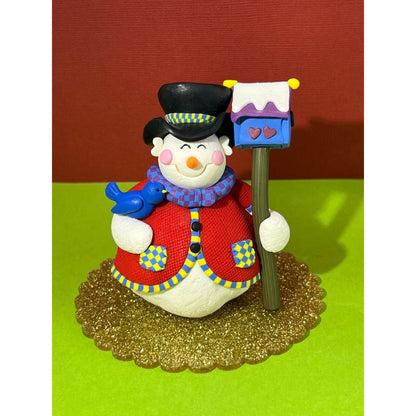 2 Snowmen Figurines Snowball Bluebird Birdhouse Checkered Jackets Blue Scarves