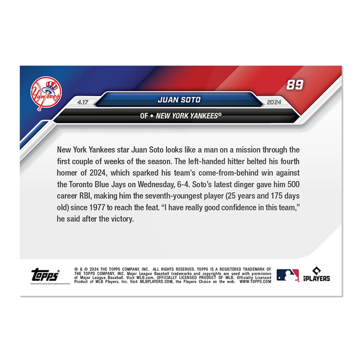 Juan Soto New York Yankees - 2024 MLB TOPPS NOW® Card 89 - PR: 984