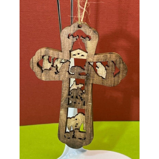 Wooden Nativity Christmas Hanging Cross Ornament AC1596