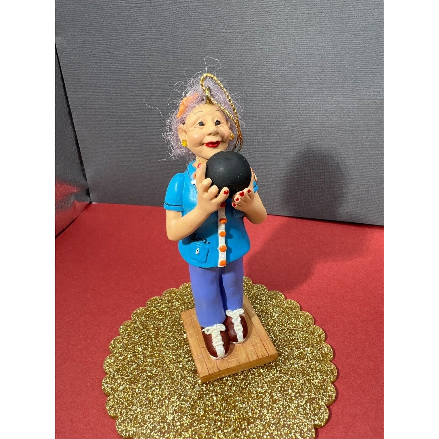 Handpainted Bowling Granny "Spare Me" Lois Hanging Figurine Ornament 4"