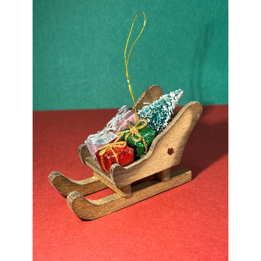 Christmas Ornament Wooden Sleigh w/ Flocked tree and gifts 3 inch x 2 inch