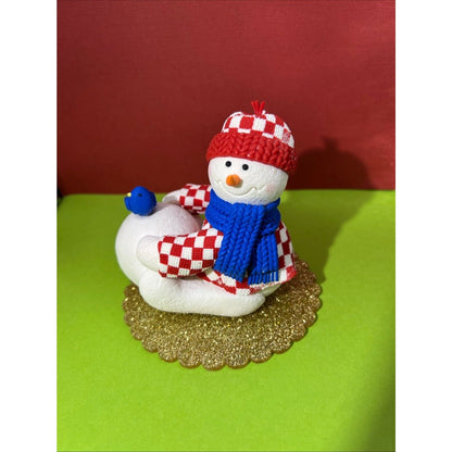 Snowman Winter Figurine with big Snowball and Bluebird Red & White Check Jacket