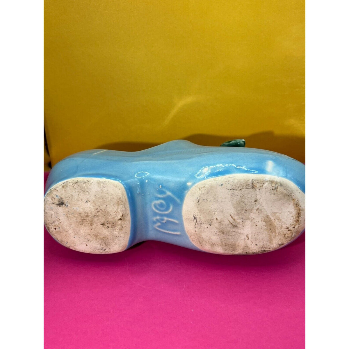 Vintage 1940's McCoy Ceramic Blue Dutch Clog Shoe with Pink Rose Planter Cracked