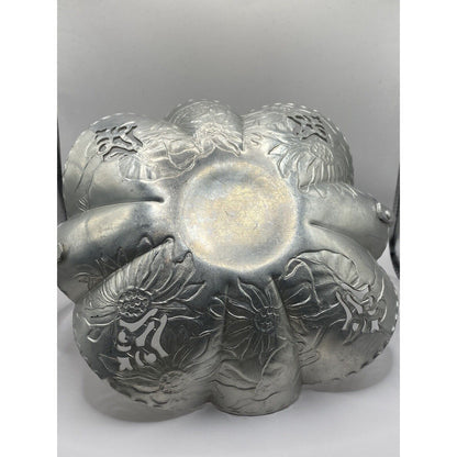 Candy Dish with Handle Silver Metal Floral Print 7-1/4" Round