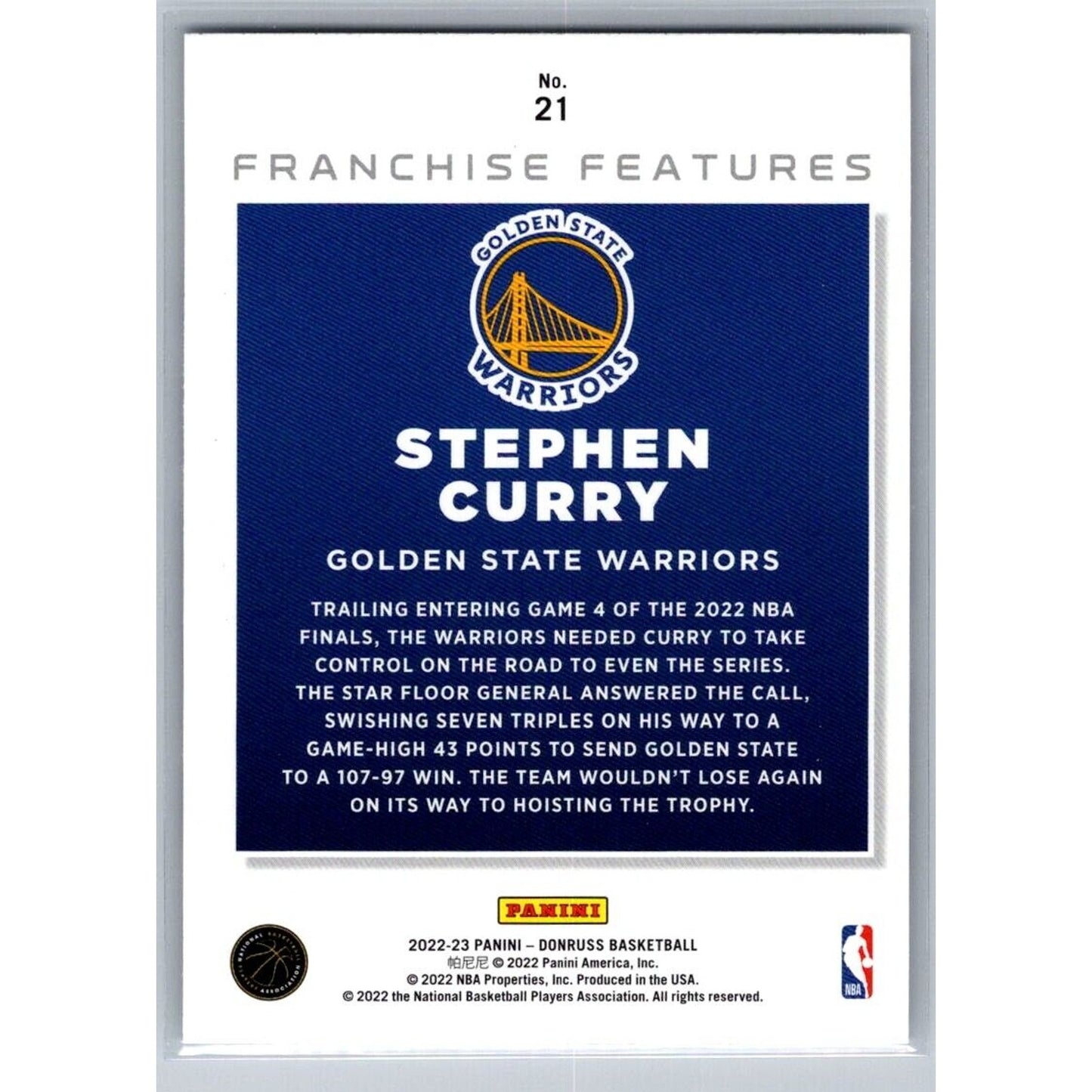 2022-23 Donruss #21 Stephen Curry Franchise Features Golden State Warriors