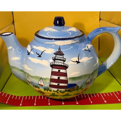 2004 TMD Nautical lighthouse & Sailboats & Seagull's Scene teapot VTG *Read Desc