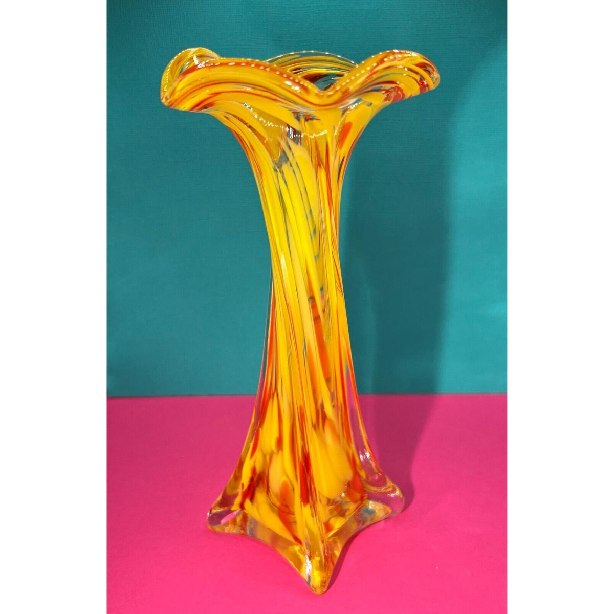 Art Glass Yellow & Orange Spatter Vase 8"