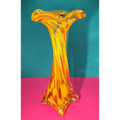 Art Glass Yellow & Orange Spatter Vase 8"