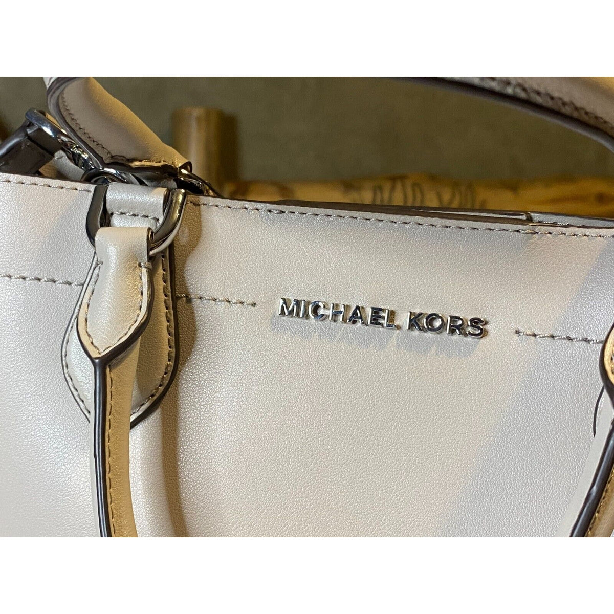 Michael Kors Eden Cement Gray Drawstring Grab Bag Leather