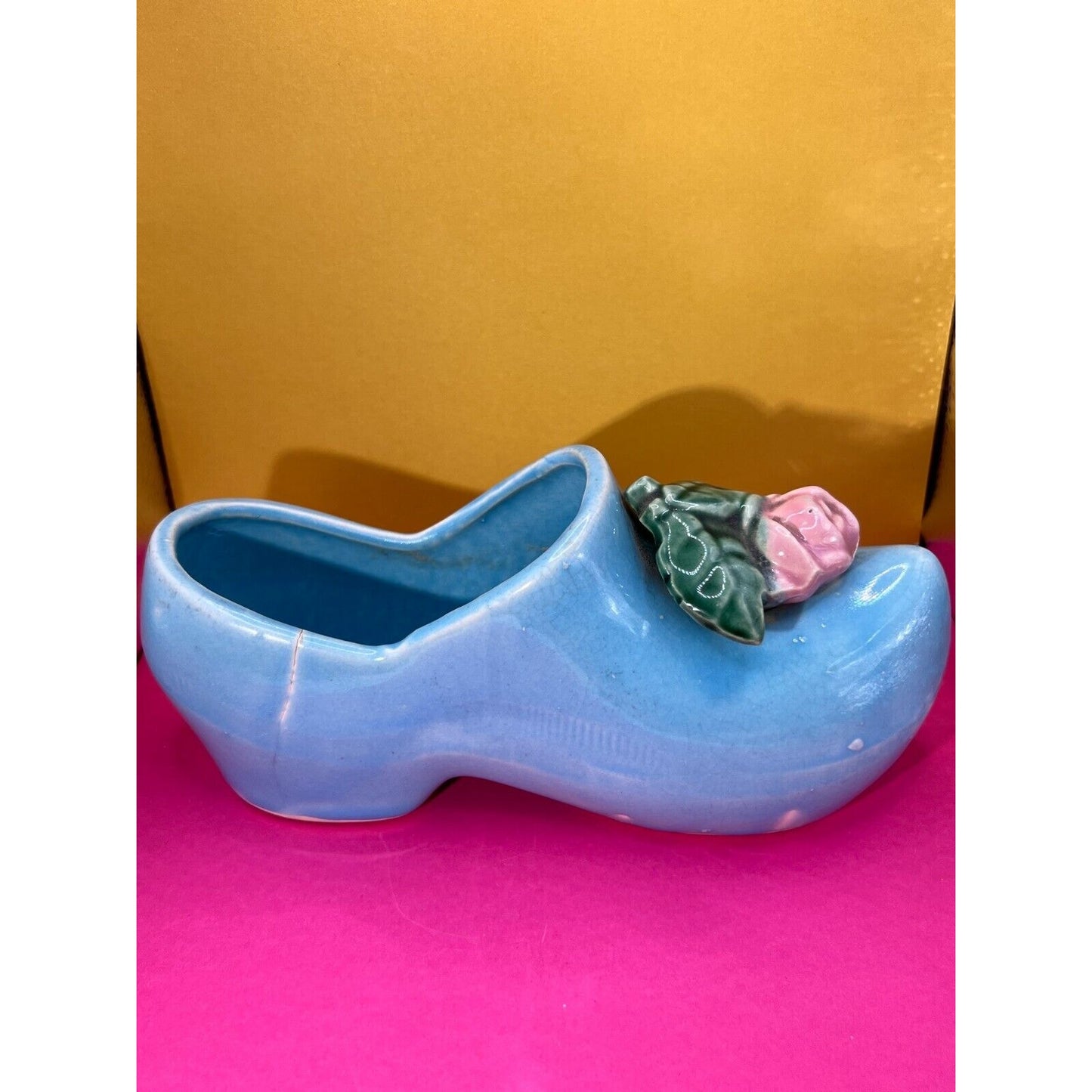 Vintage 1940's McCoy Ceramic Blue Dutch Clog Shoe with Pink Rose Planter Cracked