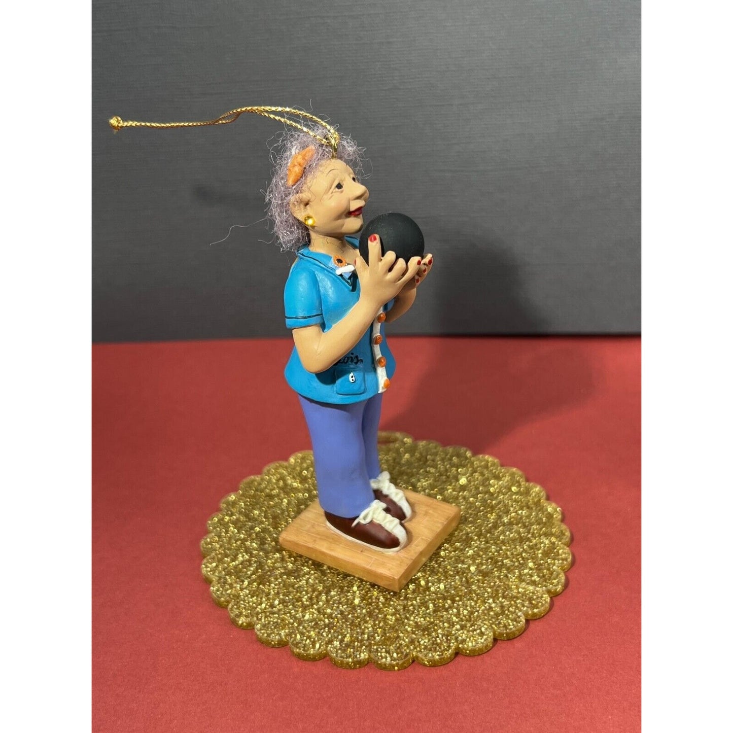 Handpainted Bowling Granny "Spare Me" Lois Hanging Figurine Ornament 4"