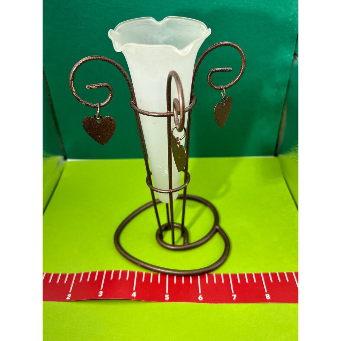 Metal Vase with Heart Dangles Petite Glass Vase (minor chipping on stand)