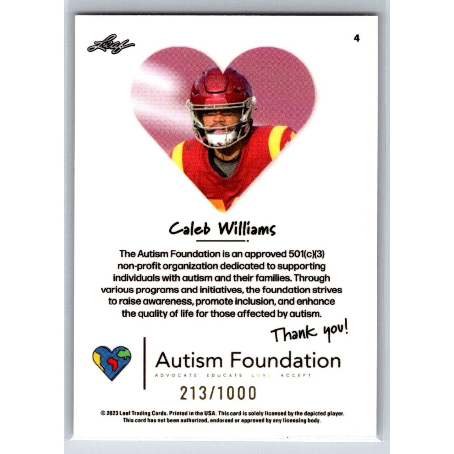 2023 Leaf Autism Foundation #4 Caleb Williams Chicago Bears USC