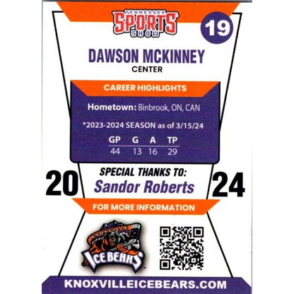 2024 Knoxville Ice Bears #19 Dawson McKinney Center Auto