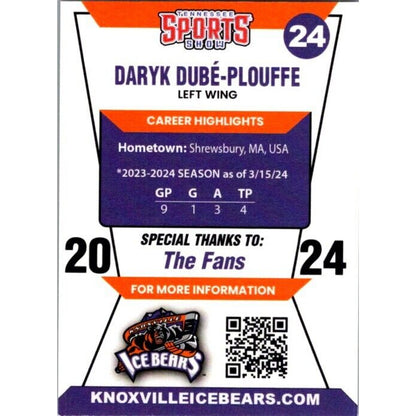 2024 Knoxville Ice Bears #24 Daryk Dube-Plouffe Left Wing Auto