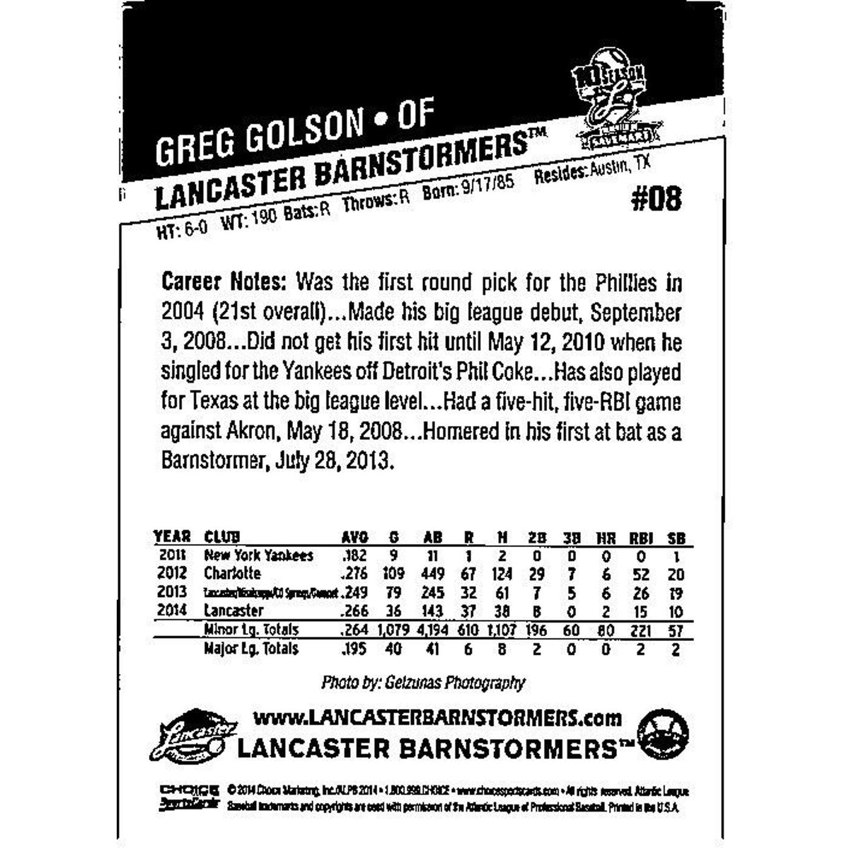 Greg Golson 2014 Choice #08 Lancaster Barnstormers Baseball Club