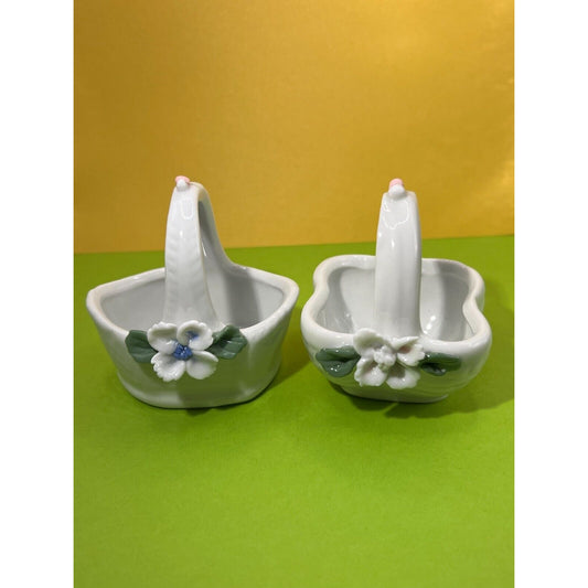 Vintage Porcelain Mini Baskets (2) with Flowers Home decor white blue