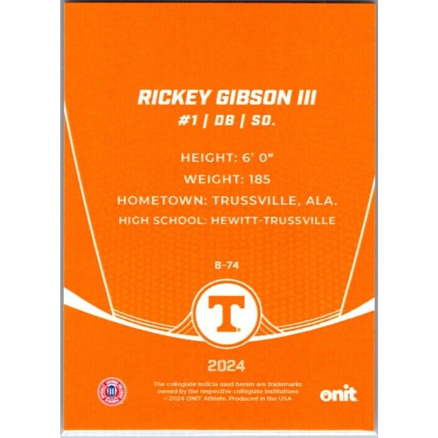 2024 Onit Football #B-74 Rickey Gibson III Tennessee Volunteers