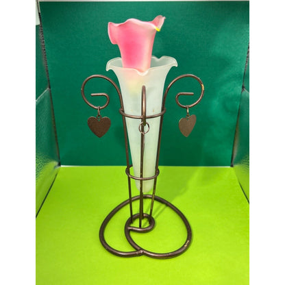 Metal Vase with Heart Dangles Petite Glass Vase (minor chipping on stand)