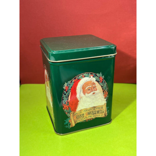 Merry Christmas Santa with Holly Berries Green Vintage Tin Cute Square Base