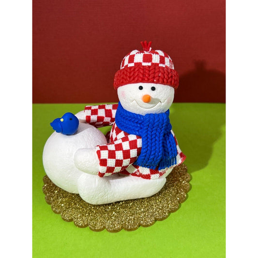 Snowman Winter Figurine with big Snowball and Bluebird Red & White Check Jacket