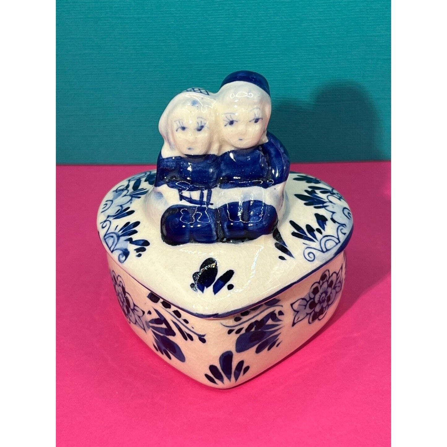Delft Blue & White Dutch Boy & Girl Ceramic Trinket Box