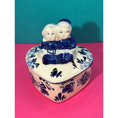 Delft Blue & White Dutch Boy & Girl Ceramic Trinket Box