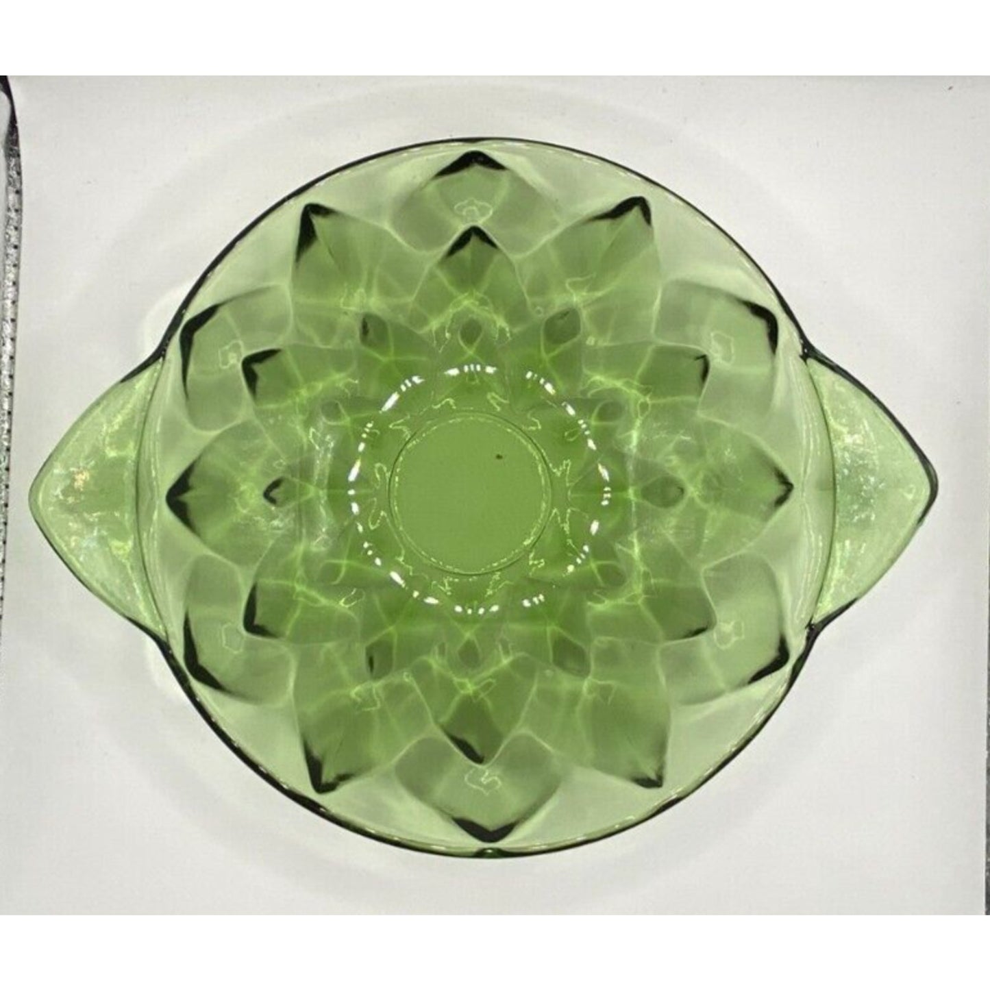 Green Perspective Two Handle Nappy, Geometric Green Glass Bowl Vintage