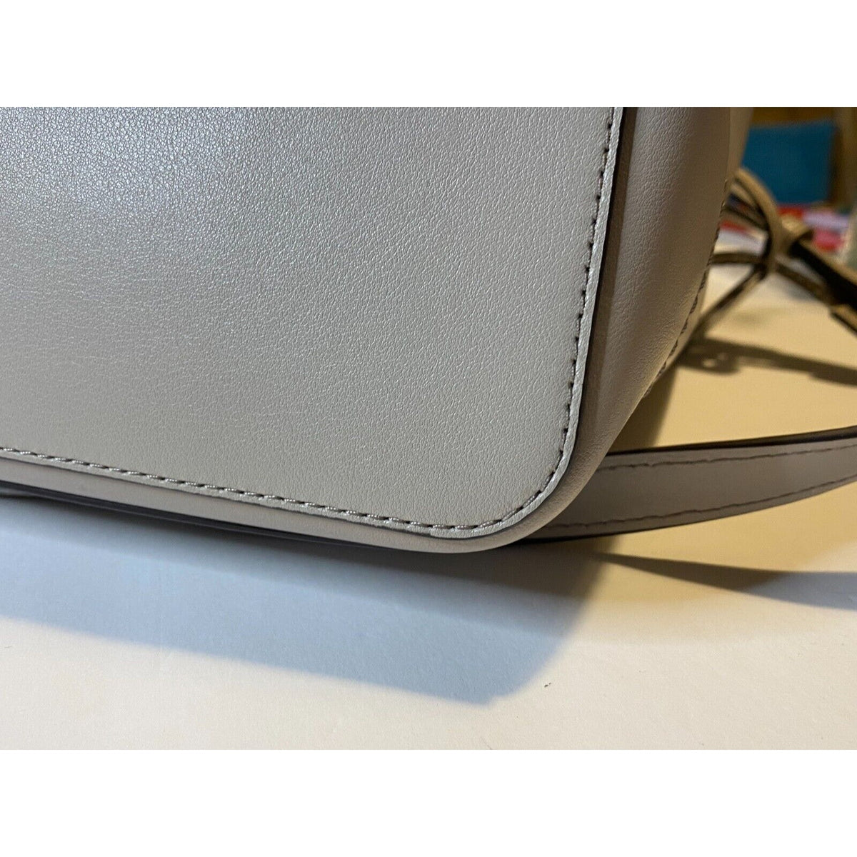 Michael Kors Eden Cement Gray Drawstring Grab Bag Leather