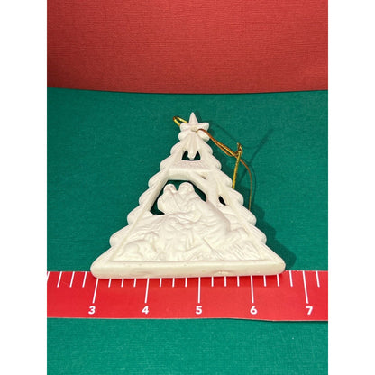 White Ceramic Nativity Christmas Ornament Jesus Joseph Mary Triangle