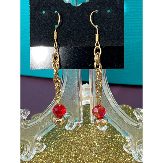 Red with Gold Bottom Dangle Earring Set Estate Sale Jewelry